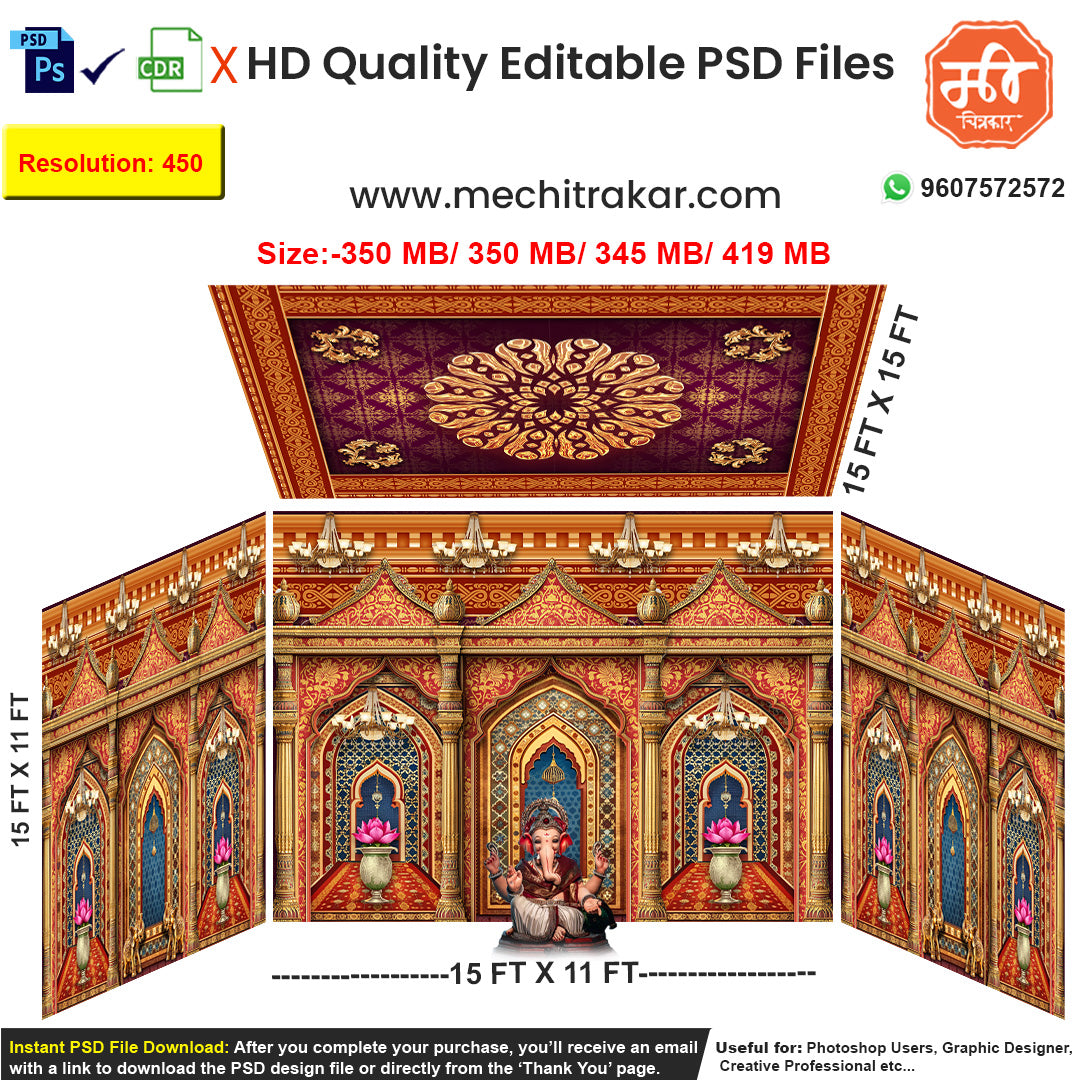Editable 4-side heritage palace pandal backdrop as an editable psd template, in rich orange, purple, and gold, featuring intricate arches, jali work, and lotus motifs, for Ganpati or Navratri festival stages.