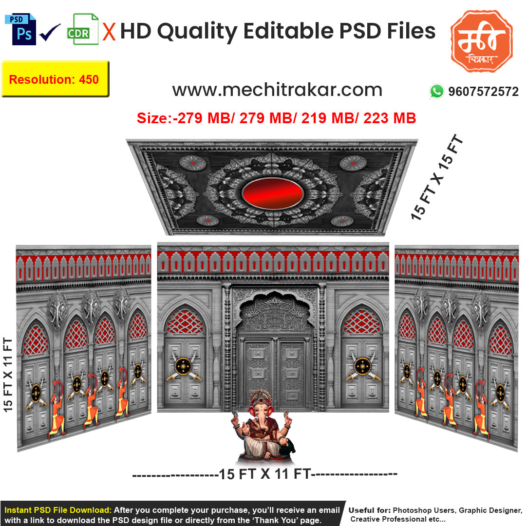 Editable 4-side pandal backdrop PSD of a grayscale Indian fortress, featuring large temple doors (darwaja), selective color Ganesha, and traditional weapon (shastra) motifs with red accents.