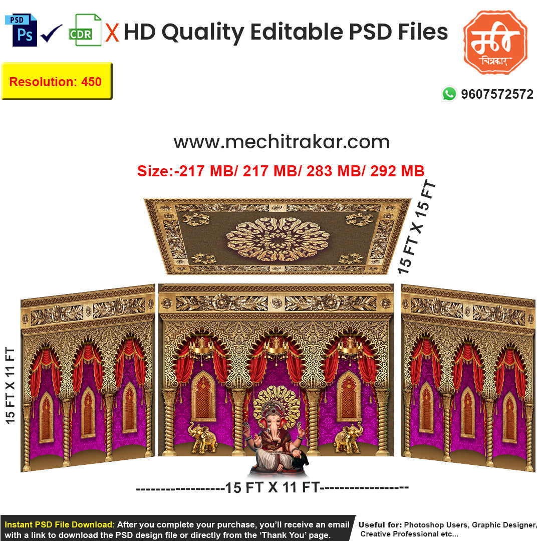 Editable 4-side festival pandal and "Utsavi Makhar" backdrop in vibrant pink/magenta and gold, suitable for Ganpati or Devi idols, with elephant motifs and an ornate floral top panel.