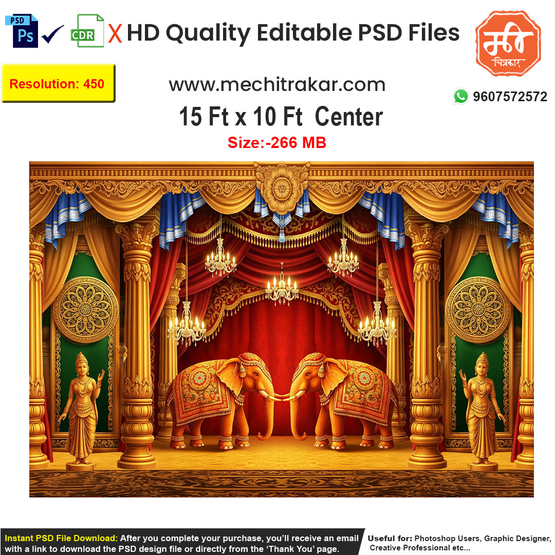 A royal palace durbar theme backdrop with elephants and chandeliers for pandal decoration, as an editable PSD.