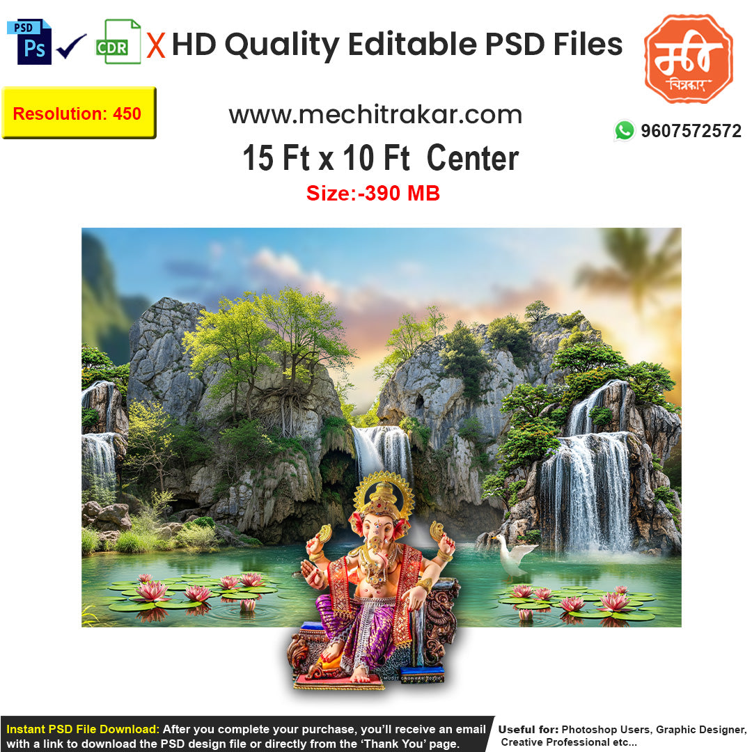 Primary Alt Tag: A nature waterfall backdrop inspired by Kailash for pandal decoration, as an editable PSD.