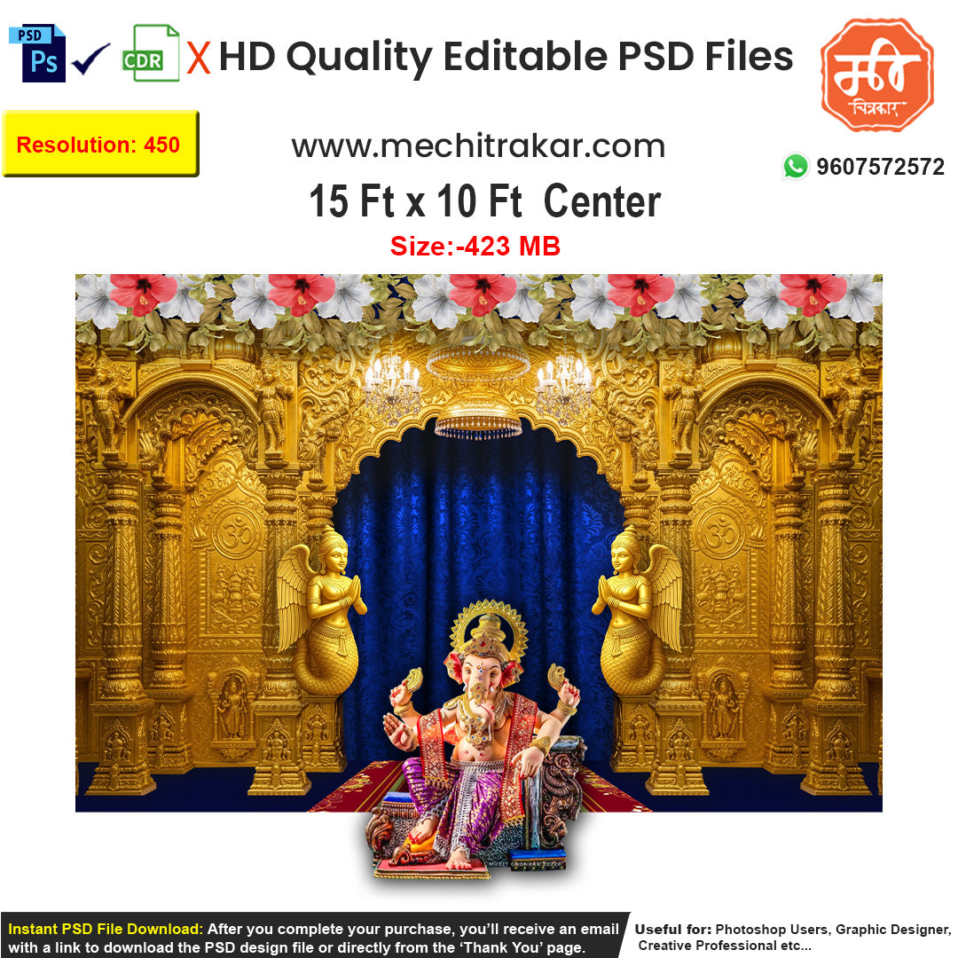A golden temple mandap with a floral border for festival pandal decoration, as an editable PSD.