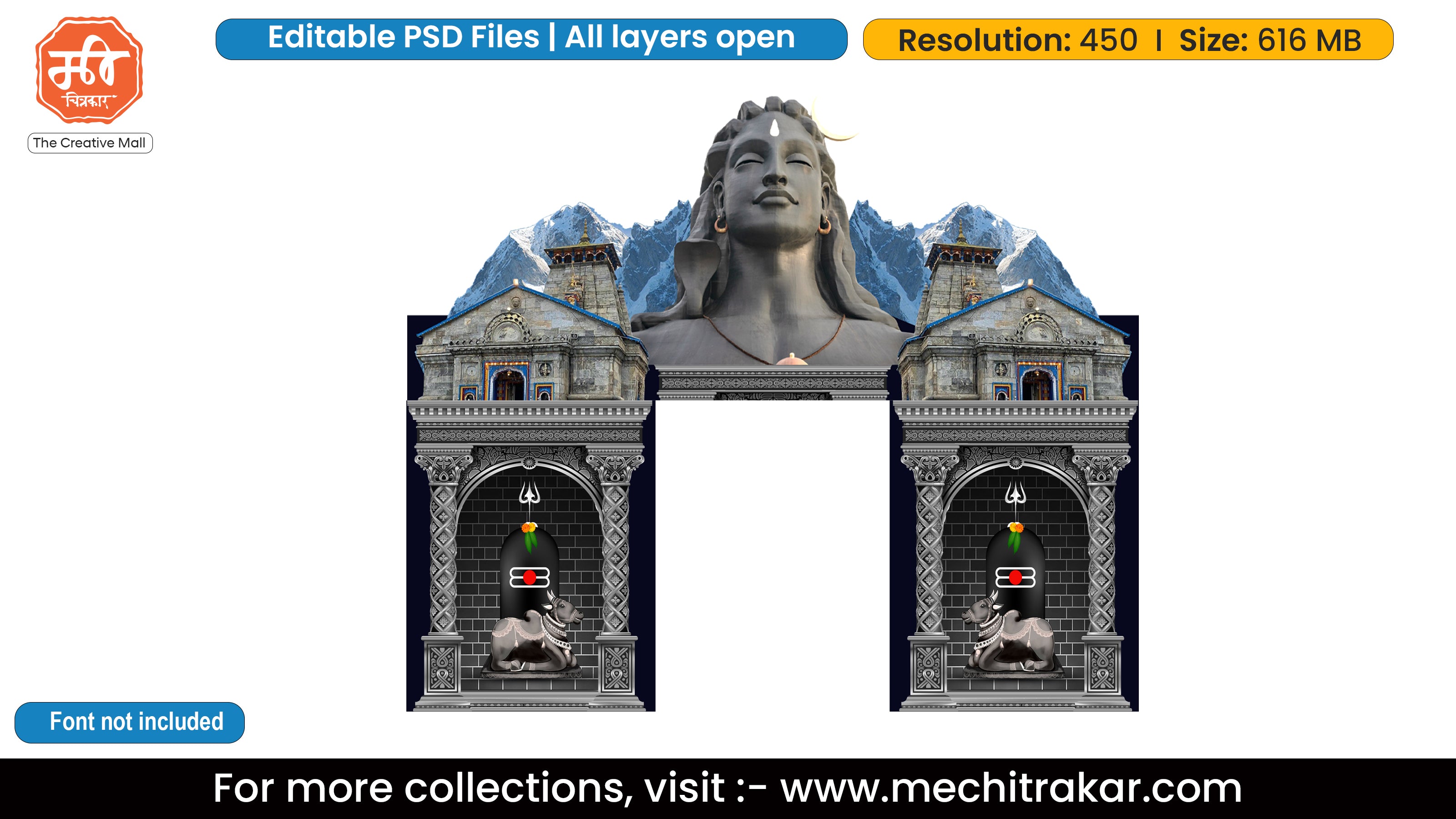 Digital artwork of Hindu god Shiva with trident, surrounded by ornate temple arches depicting 12 Jyotirlinga shrines on red background