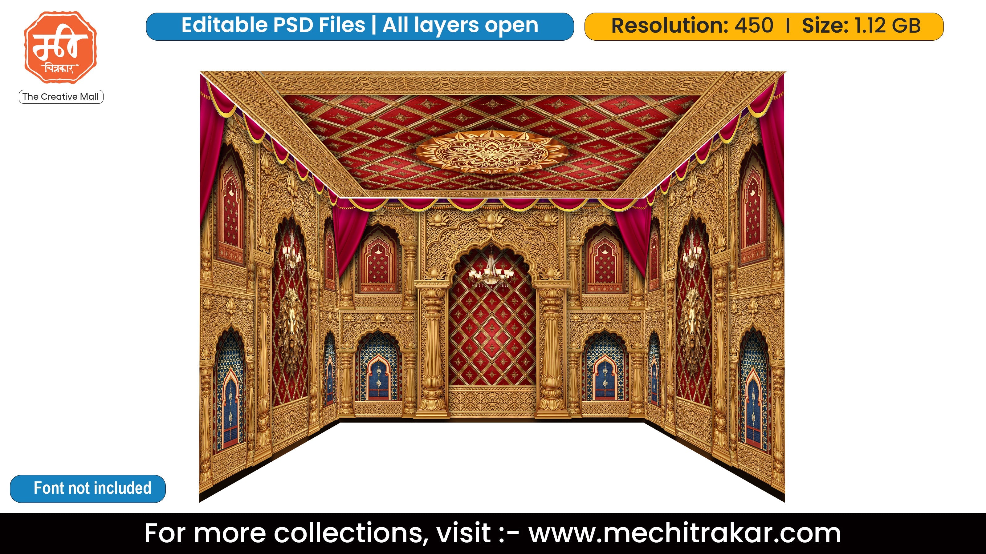 3D backdrop design with Lord Ganesha and golden peacock motifs on red and golden ornate panels, 15x11 feet