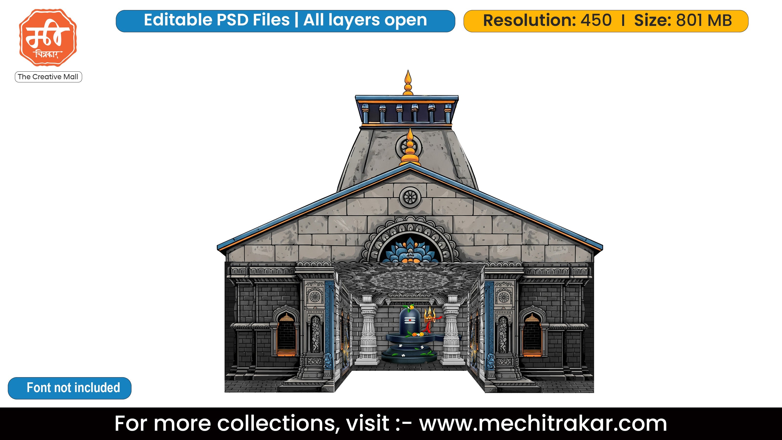 3D illustration of a large stone temple with Lord Ganesha statue inside, detailed Hindi architecture