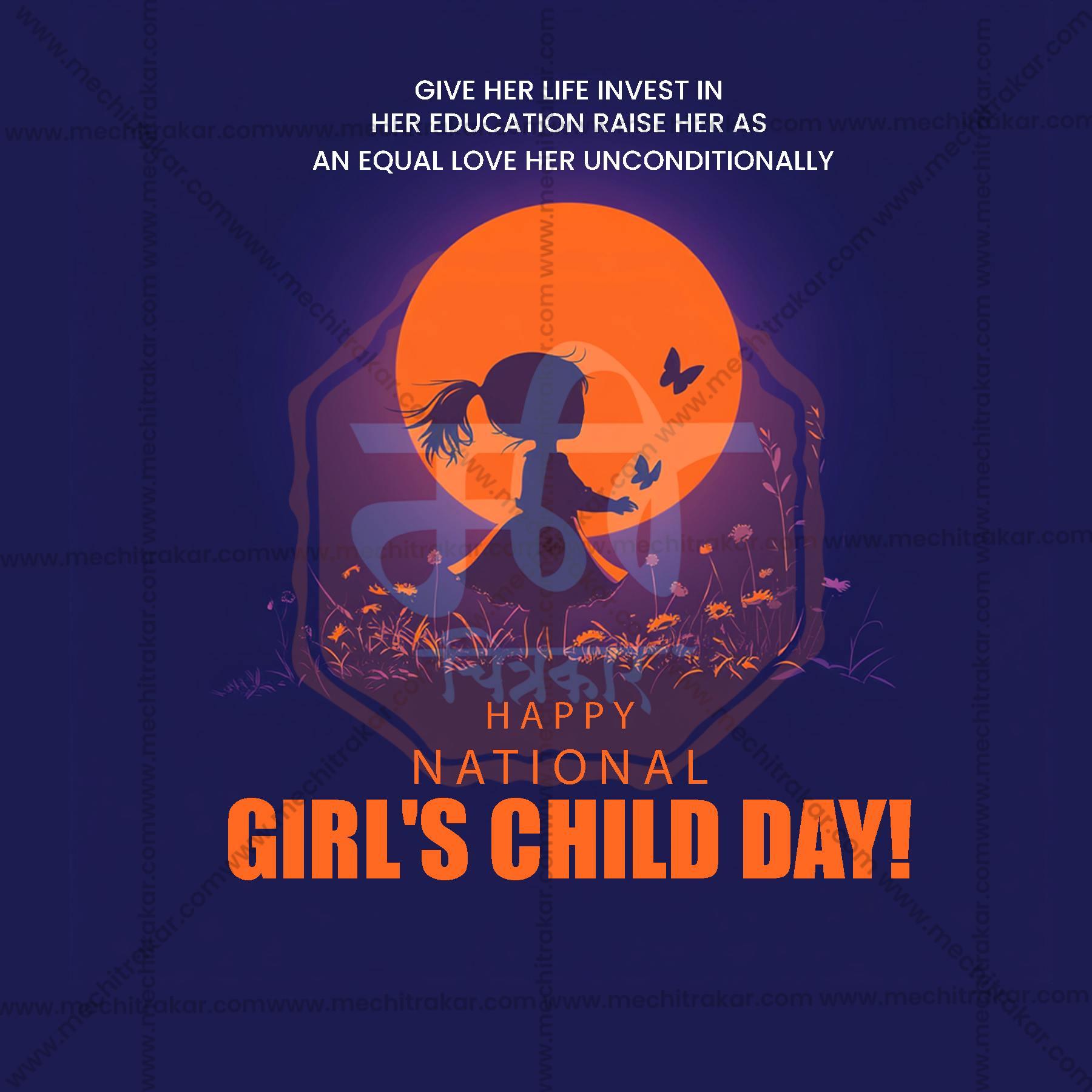 Silhouette of a girl with ponytail playing with butterflies in a field at sunset, National Girl's Child Day message