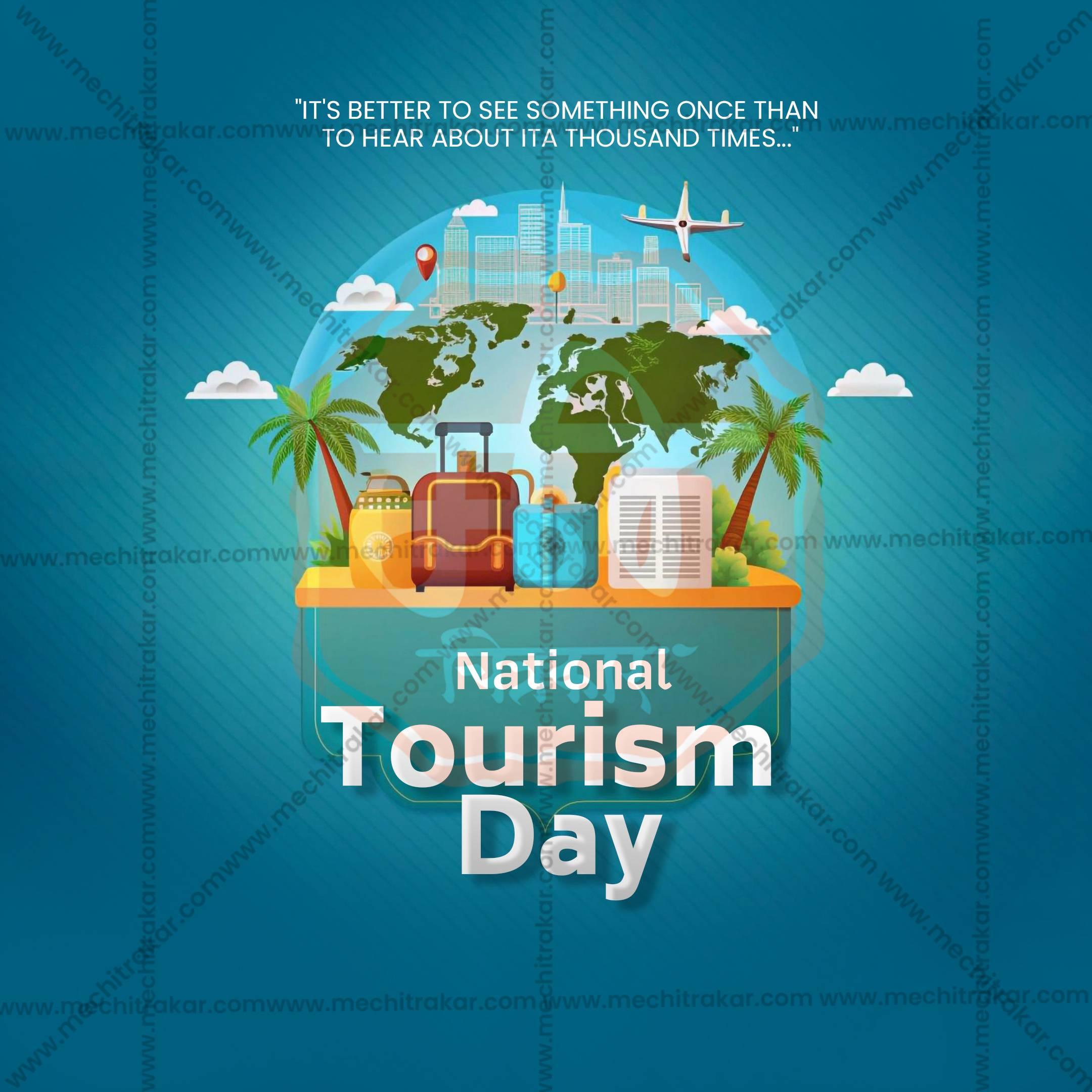 National Tourism Day graphic with world map, cityscape, palm trees, luggage, airplane, and travel quote