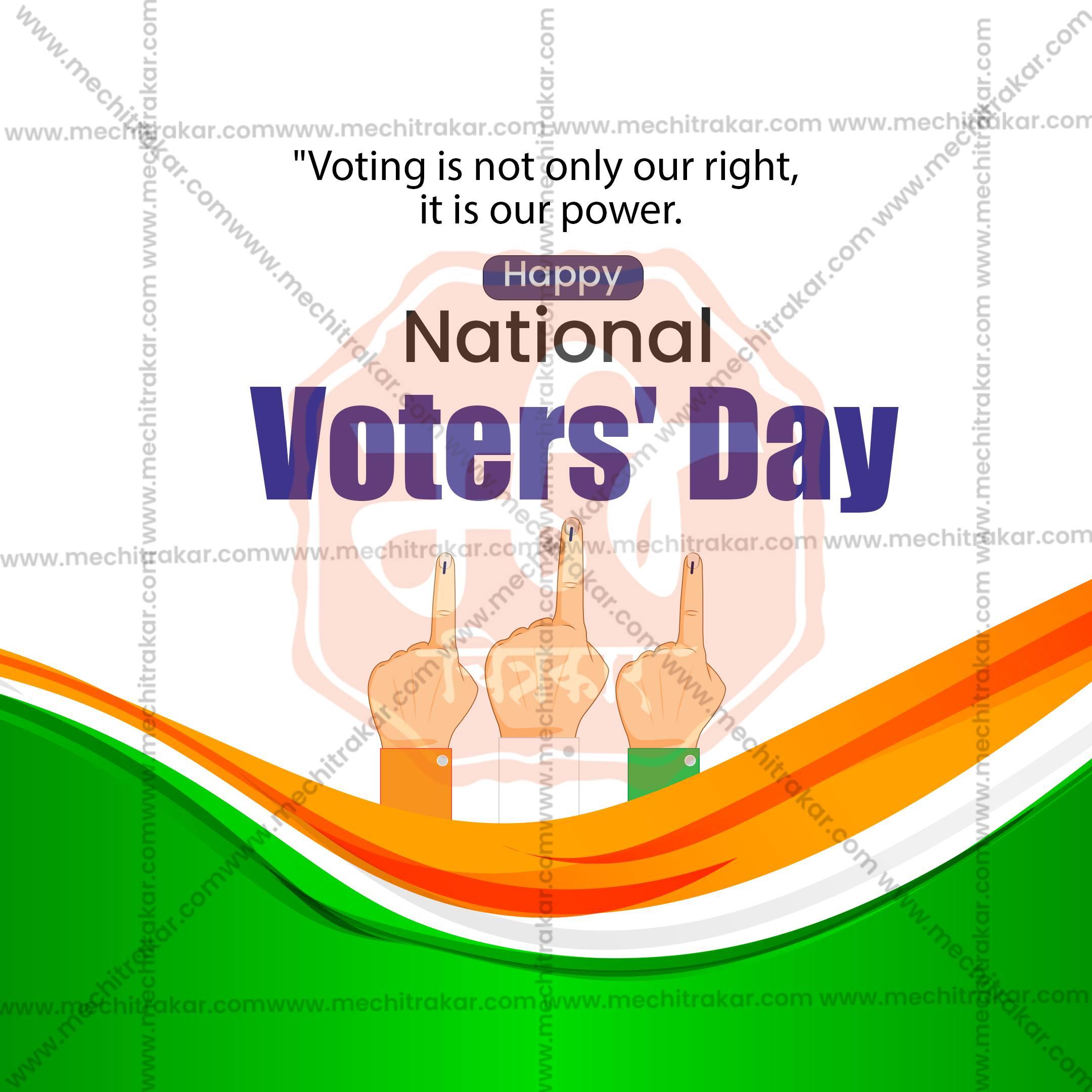 Happy National Voters' Day quote with three hands showing inked fingers and Indian flag colors waves