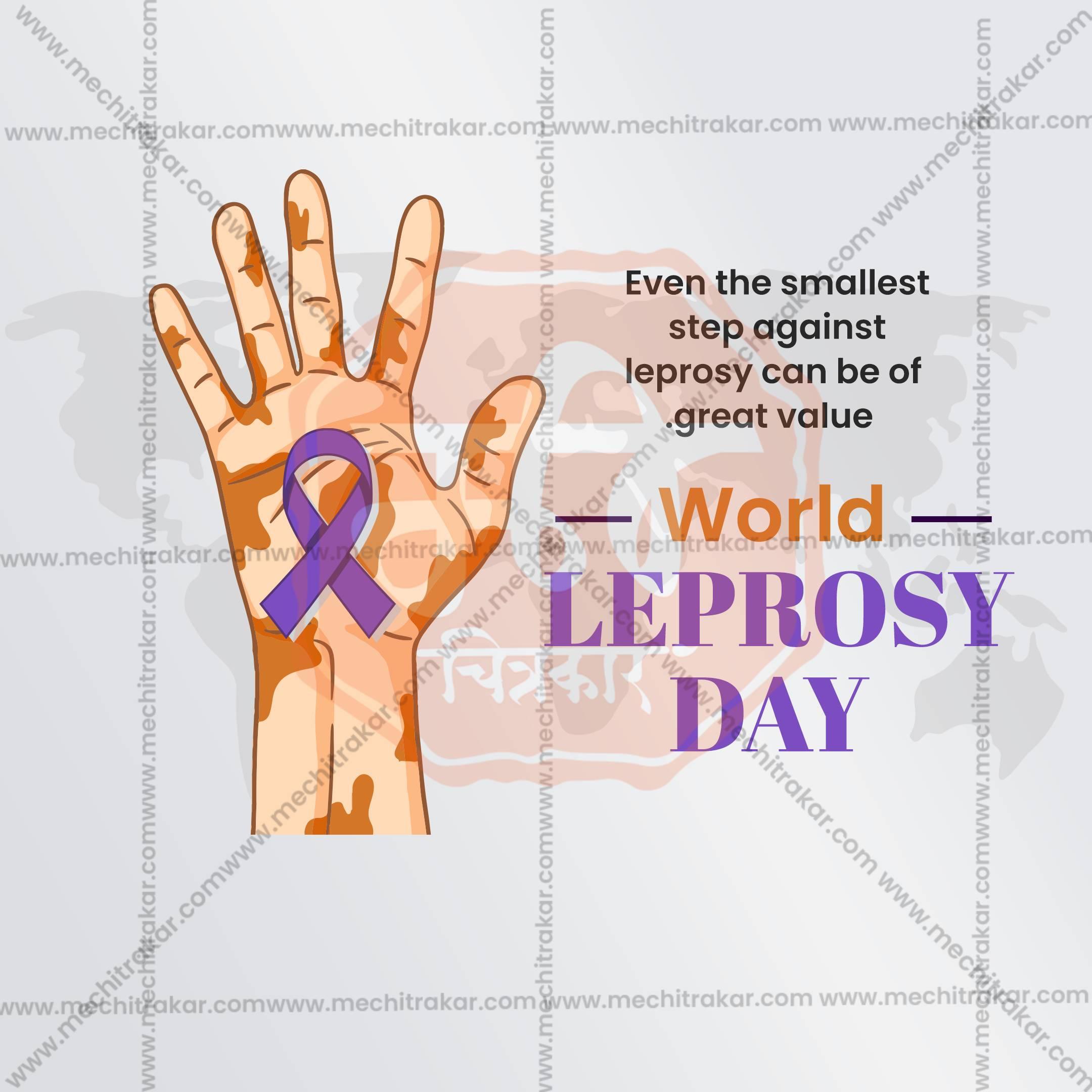 Illustration of a hand with a purple leprosy awareness ribbon and text for World Leprosy Day