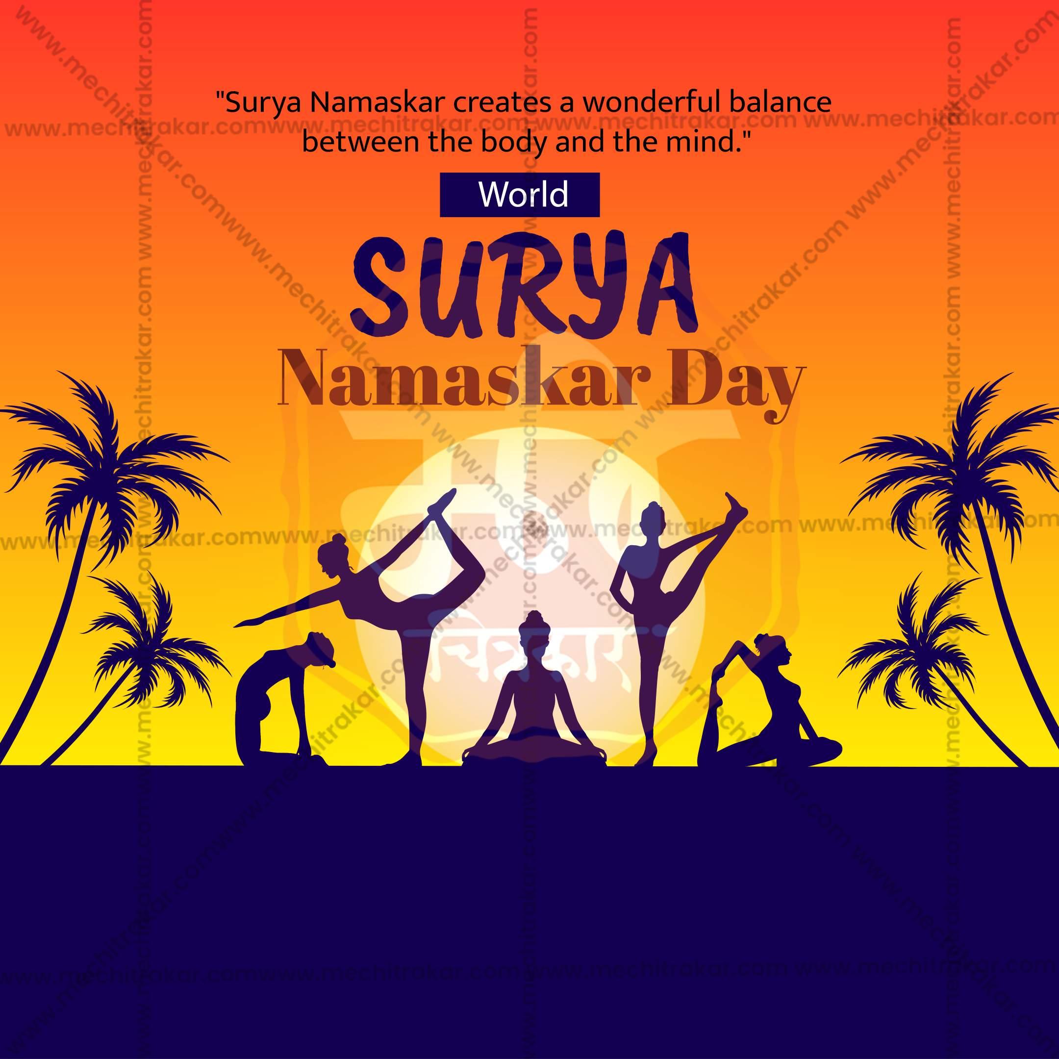 Silhouettes of yoga poses against an orange sunset with palm trees for World Surya Namaskar Day