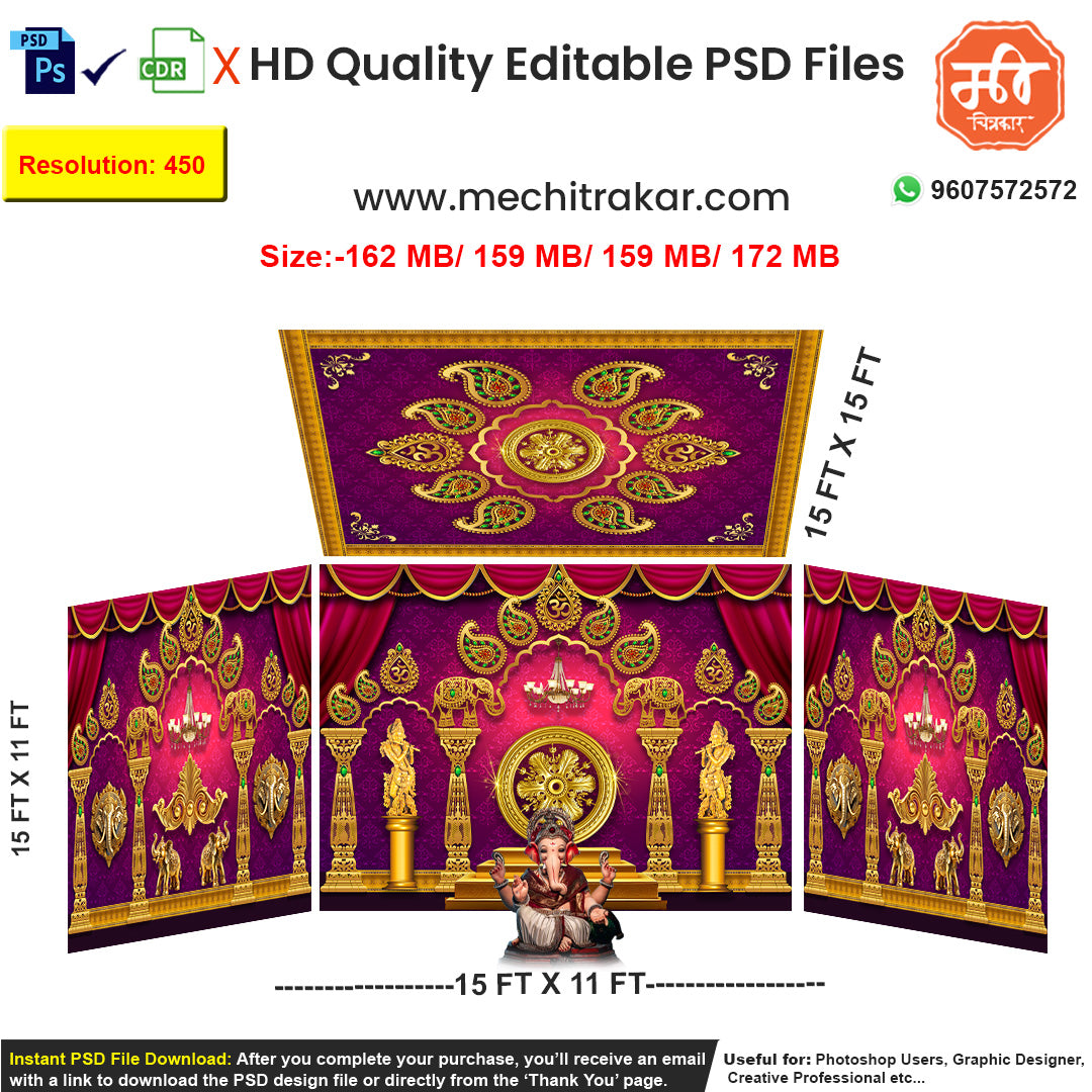 Editable 4-side festival pandal backdrop as an editable psd template, in vibrant magenta and gold, with traditional statue (Apsara) motifs and paisley art, perfect for Ganpati, Navratri, or wedding sangeet stages.