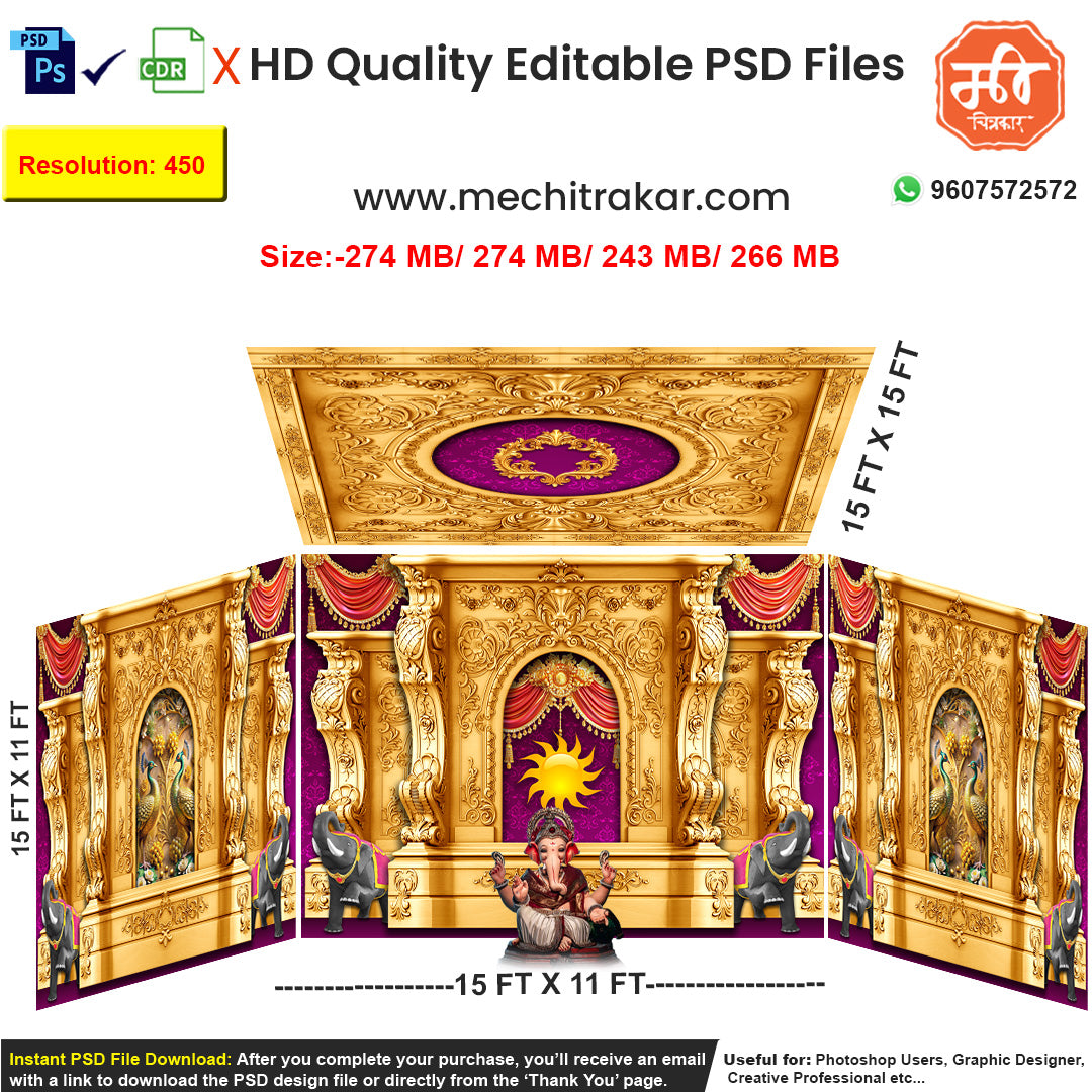 Editable 4-side royal pandal backdrop as an editable psd template, in rich purple and gold, featuring a radiant sun (Surya) motif, elephant and peacock art, for Ganpati or Navratri festival stages.
