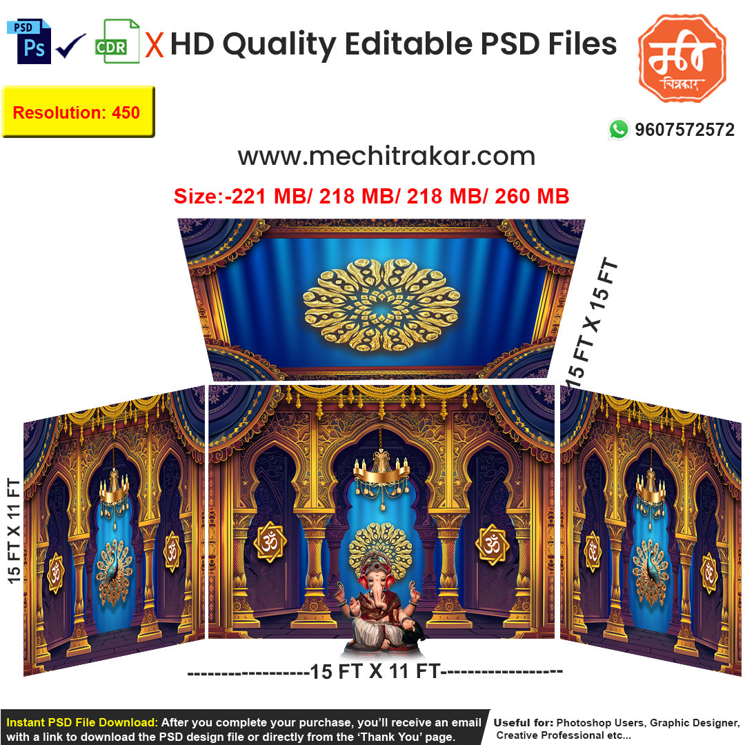 Editable 4-side royal pandal backdrop as an editable psd template, in rich royal blue and gold, featuring peacock motifs, a golden chandelier, and Om symbols, for Ganpati or Navratri festival stages.