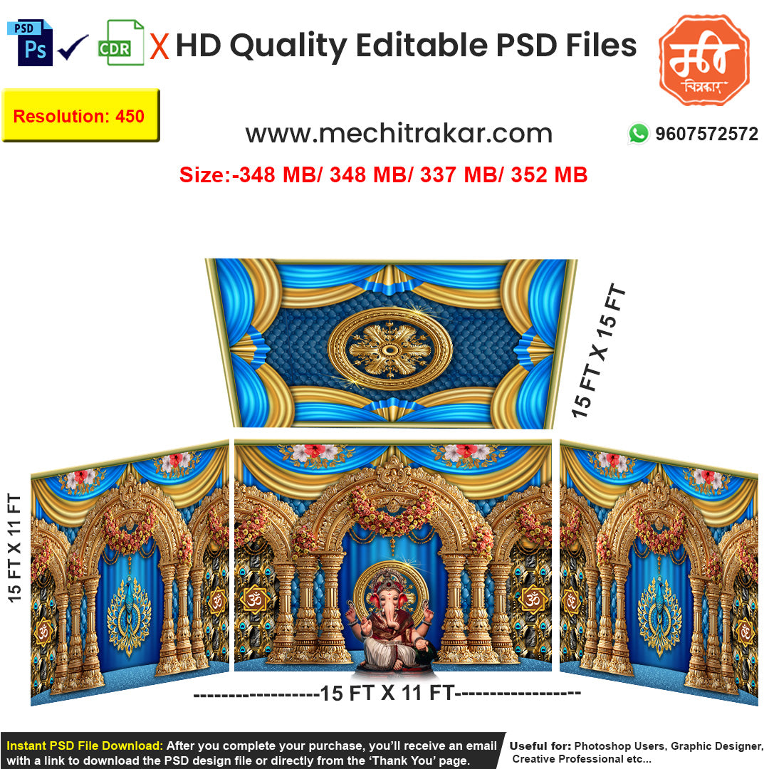 Editable 4-side divine pandal backdrop as an editable psd template, in royal blue and gold, featuring a grand floral arch (toran), peacock motifs, and Om symbols, for Ganpati or Navratri festival stages.