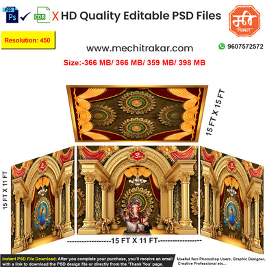 Editable 4-side royal darbar pandal backdrop as an editable psd template, in rich red and gold, featuring ornate pillars, peacock and elephant motifs, and an Om symbol, for Ganpati or Navratri festival stages.
