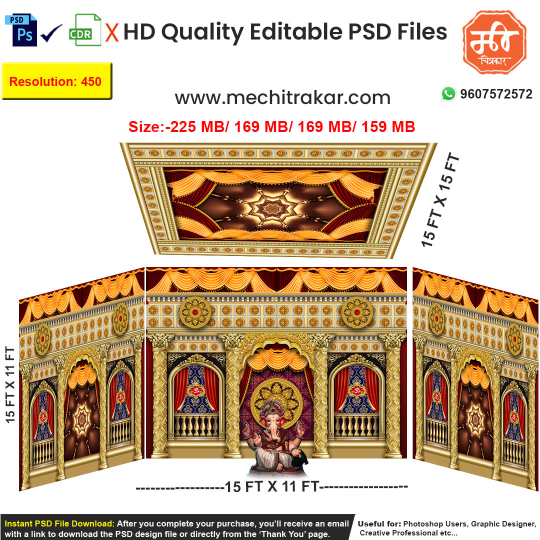 Editable 4-side royal palace pandal backdrop as an editable psd template, in warm golden-orange and red, featuring ornate pillars, a cushioned center, and a starburst top panel, for Ganpati or Navratri festival stages.