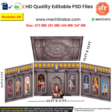 Editable 4-side historical pandal backdrop as an editable psd template, depicting life events of Chhatrapati Shivaji Maharaj (Shivcharitra), featuring fortress architecture, for Shivaji Jayanti or Ganpati Dekhava.