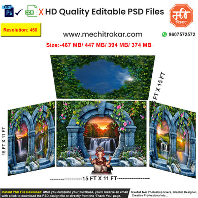 Editable 4-side natural grotto pandal backdrop as an editable psd template, featuring stone arches, a scenic waterfall at sunset, and floral vines, for Ganpati or Navratri festival stages.