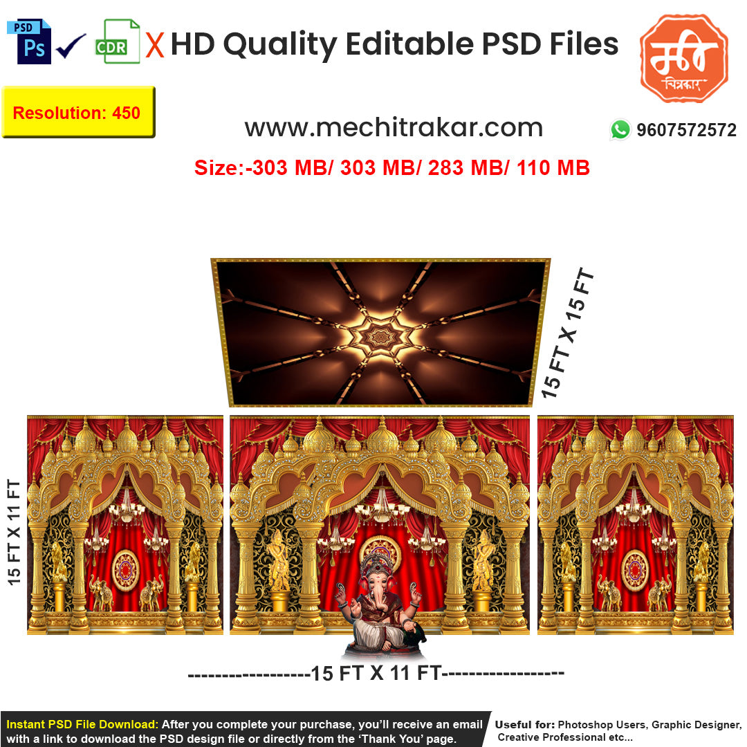Editable 4-side festival pandal backdrop for Ganpati & Navratri, featuring a royal stage with golden pillars, red curtains, chandeliers, and a unique 3D starburst celestial ceiling panel.

