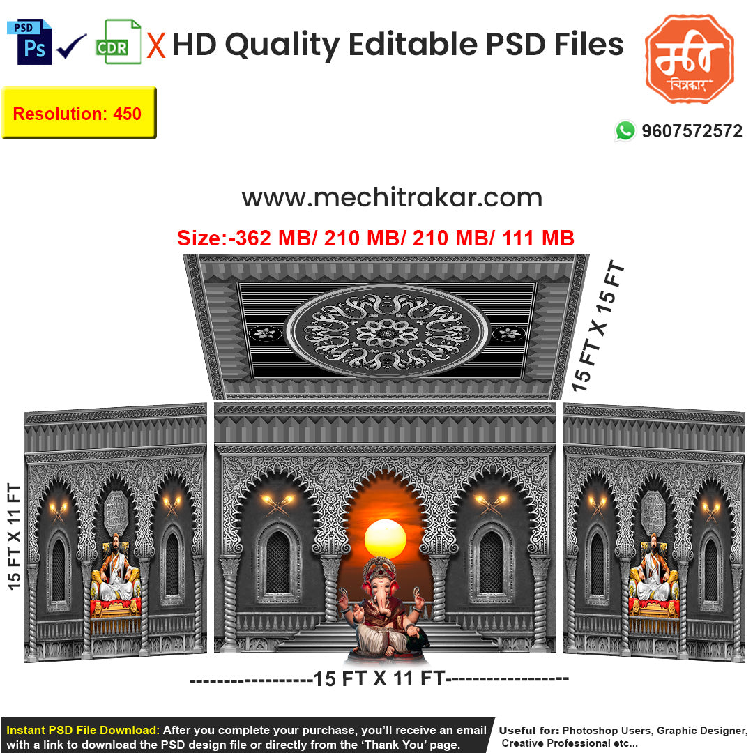 Editable 4-side artistic pandal backdrop in a grayscale temple design, featuring a central selective color space for a Ganesha or Devi idol, a glowing orb effect, and monochrome side panels.
