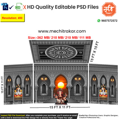 Editable 4-side artistic pandal backdrop in a grayscale temple design, featuring a central selective color space for a Ganesha or Devi idol, a glowing orb effect, and monochrome side panels.
