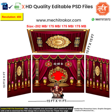 Editable 4-side traditional pandal backdrop in red and gold, featuring a central golden prabhavali with Om and Shri symbols, lotus and lamp (deepam) decor, ideal for Ganpati and Navratri festivals.
