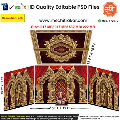 Editable 4-side grand royal pandal backdrop as an editable psd template, in a rich red and gold theme, featuring ornate pillars, elephant figures, and peacock pairs.
