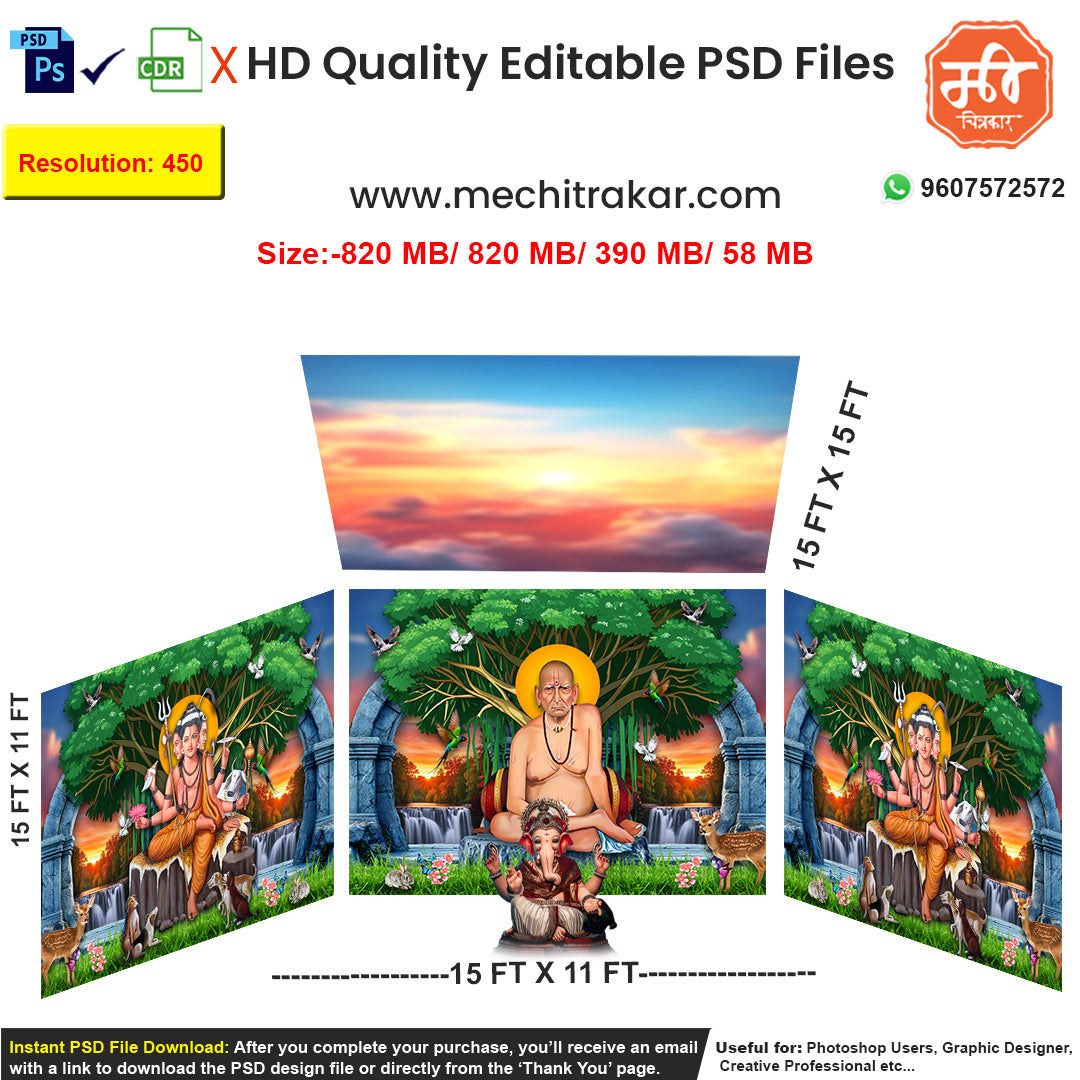 Editable 4-side festival pandal backdrop as an editable psd template, featuring Swami Samarth, Guru Devdutta in a serene forest setting with a waterfall.