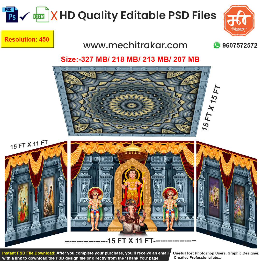 Editable 4-side temple pandal backdrop as an editable psd template, featuring Lord Vishnu and paintings of the ten Dashavatara incarnations in carved stone niches.