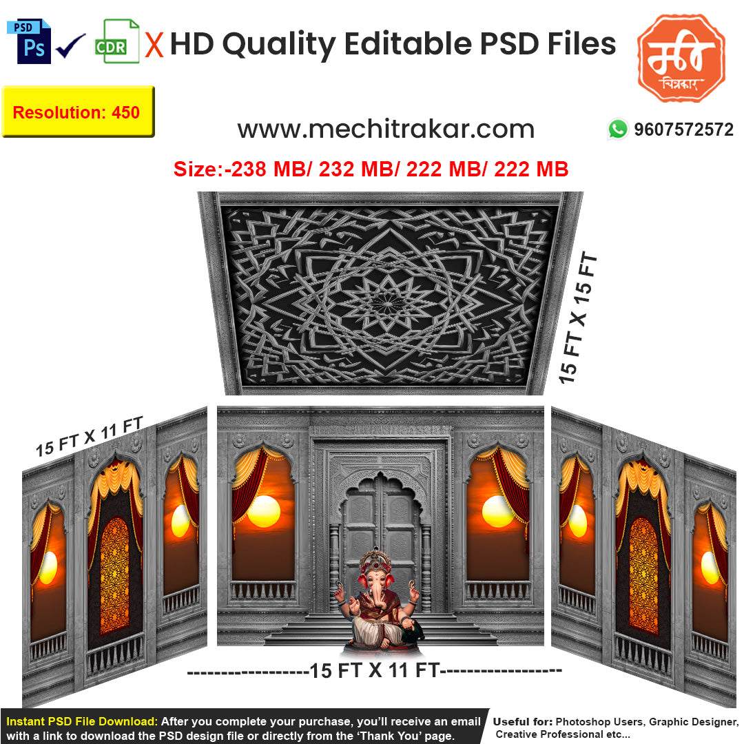 Editable 4-side historical wada pandal backdrop as an editable psd template, featuring a carved stone door, glowing lamps, and intricate jali work in a dramatic monochrome and orange theme.