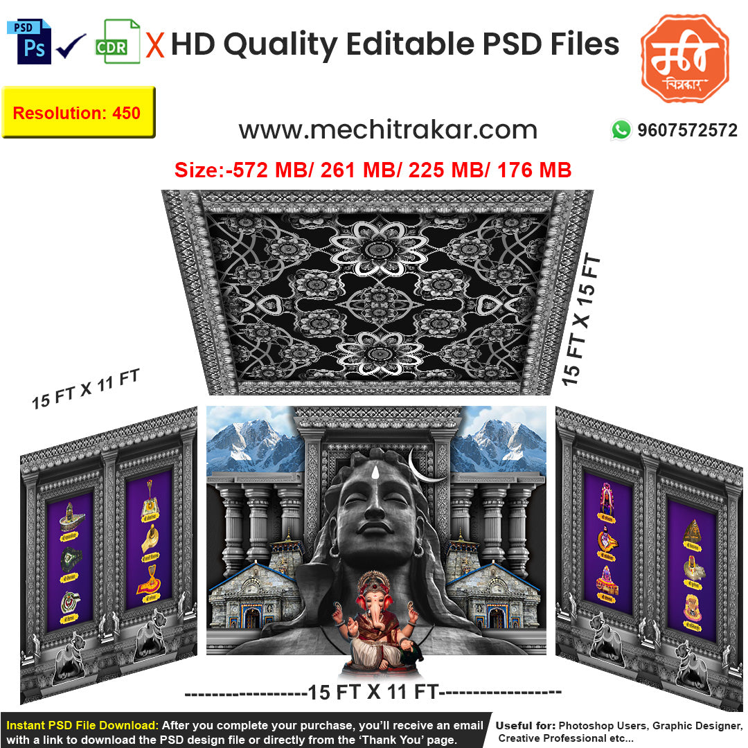 Editable 4-side Jyotirlinga pandal backdrop as an editable psd template, featuring a large Lord Shiva bust, Himalayan temples, and depictions of all 12 Jyotirlingas.