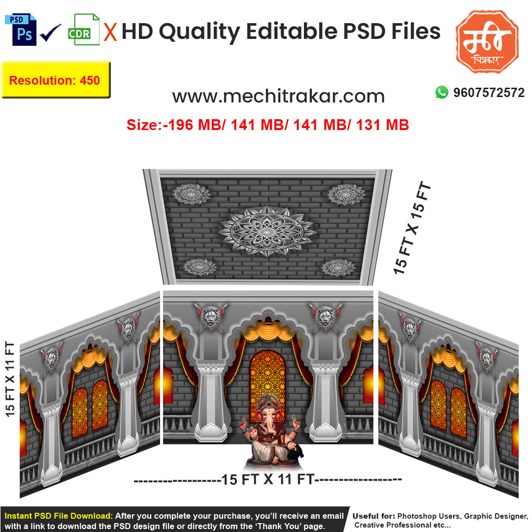 Editable 4-side historical wada pandal backdrop as an editable psd template, featuring carved stone pillars, glowing lamps, jali work, and lion motifs in a dramatic monochrome and orange theme.