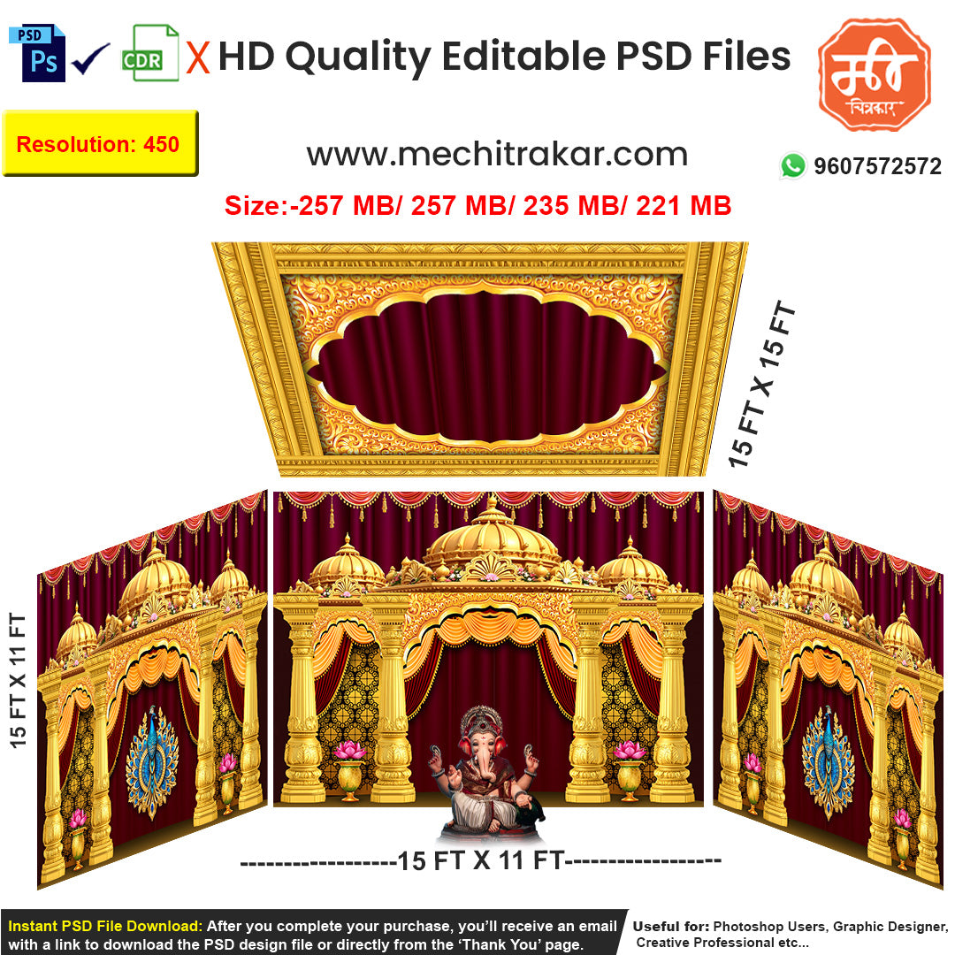 Editable 4-side grand temple pandal backdrop as an editable psd template, in a rich red and gold theme, featuring golden domes, red curtains, and peacock motifs.