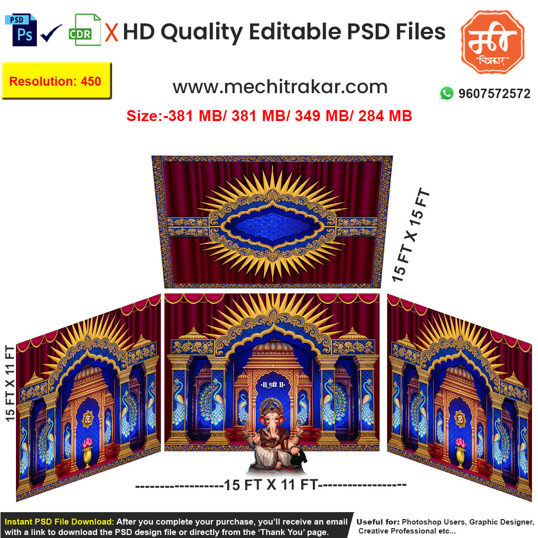 Create a majestic royal pandal for your festival or wedding with this 4-side editable PSD template, featuring a stunning blue and gold palace design with peacock art.