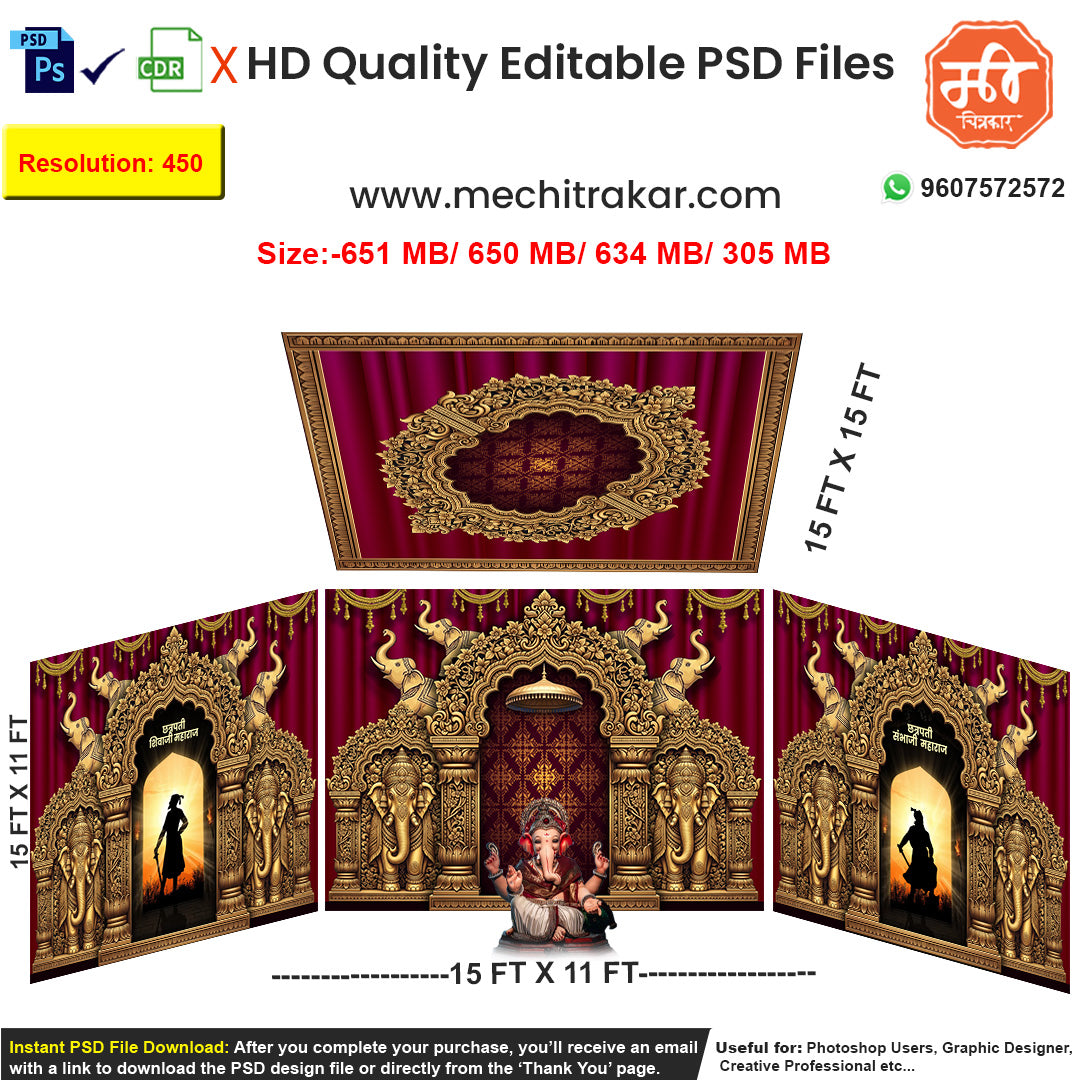 Editable 4-side historic pandal backdrop as an editable psd template, featuring silhouettes of historical figures, grand elephant motifs, and a golden temple setting.