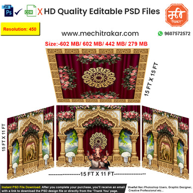 Editable 4-side floral palace pandal backdrop as an editable psd template, in a rich red and gold theme, featuring heavy rose flower decorations and golden elephant motifs.