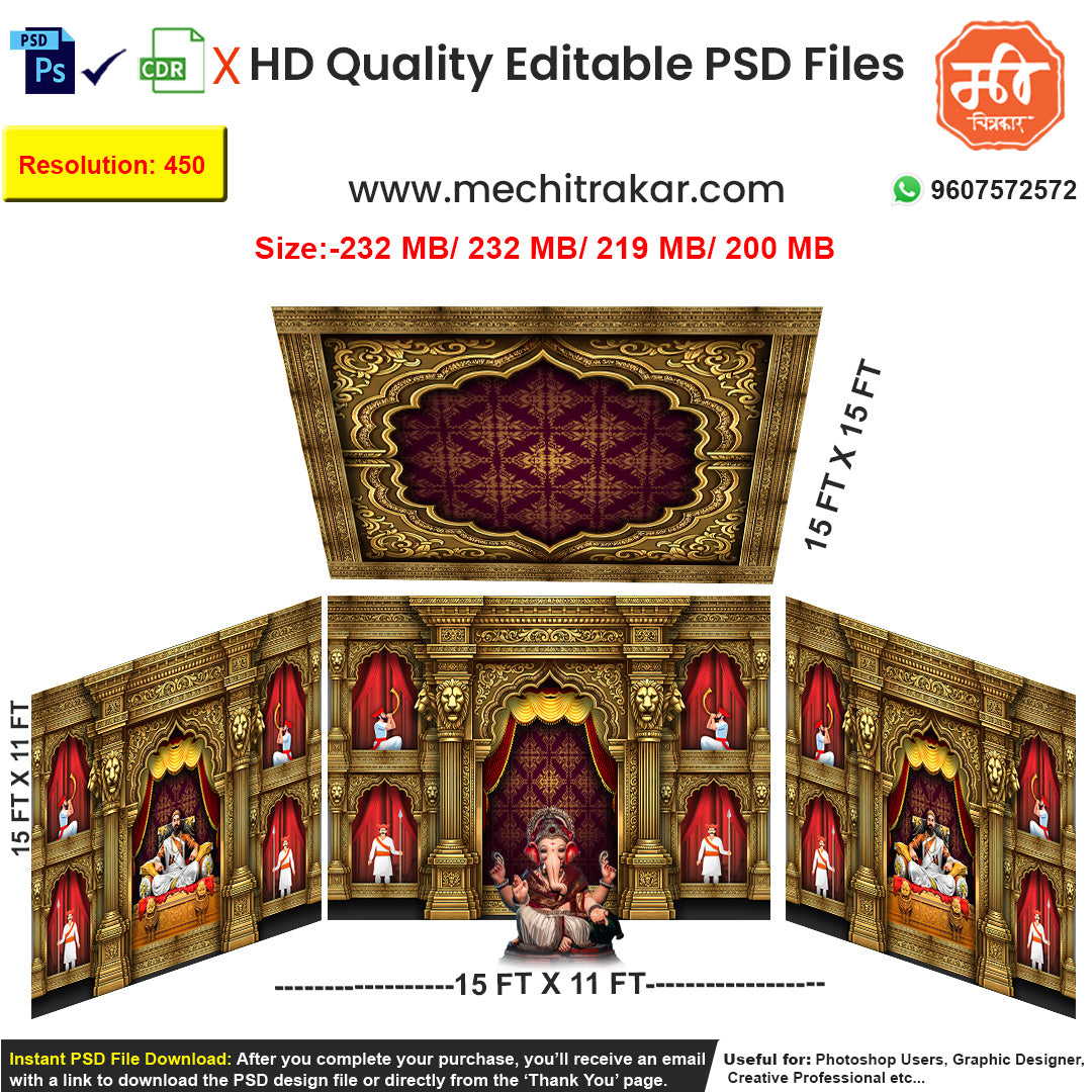 Editable 4-side 'Chhatrapati Shivaji Maharaj Darbar' pandal backdrop as an editable psd template, in a rich gold and red theme, featuring a royal court with historical figures in ornate niches.