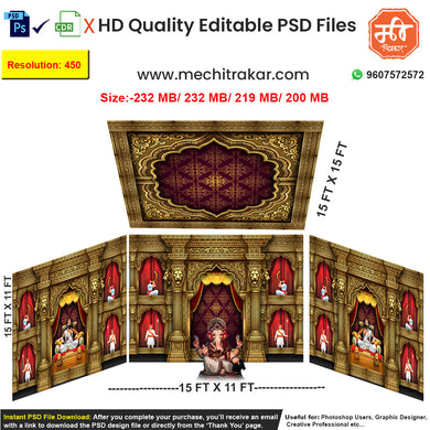 Editable 4-side 'Chhatrapati Shivaji Maharaj Darbar' pandal backdrop as an editable psd template, in a rich gold and red theme, featuring a royal court with historical figures in ornate niches.