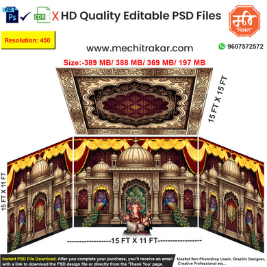 Editable 4-side grand temple pandal backdrop as an editable psd template, in a rich red, purple, and gold theme, featuring golden domes and beautiful peacock motifs.