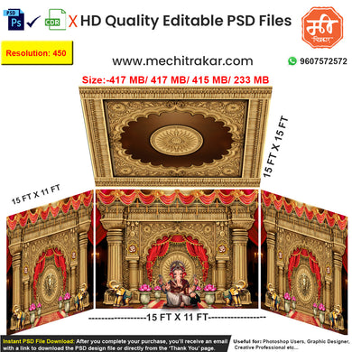  Editable 4-side grand golden pandal backdrop as an editable psd template, in a rich red and gold theme, featuring ornate pillars, elephant figures,