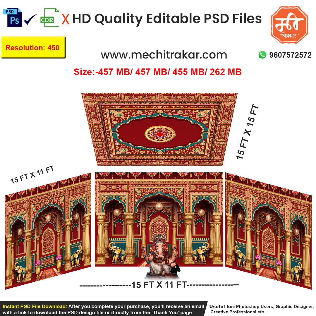 Editable 4-side grand golden pandal backdrop as an editable psd template, in a rich red and gold theme, featuring ornate pillars and unique turquoise elephant figures.