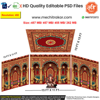 Editable 4-side grand golden pandal backdrop as an editable psd template, in a rich red and gold theme, featuring ornate pillars and unique turquoise elephant figures.