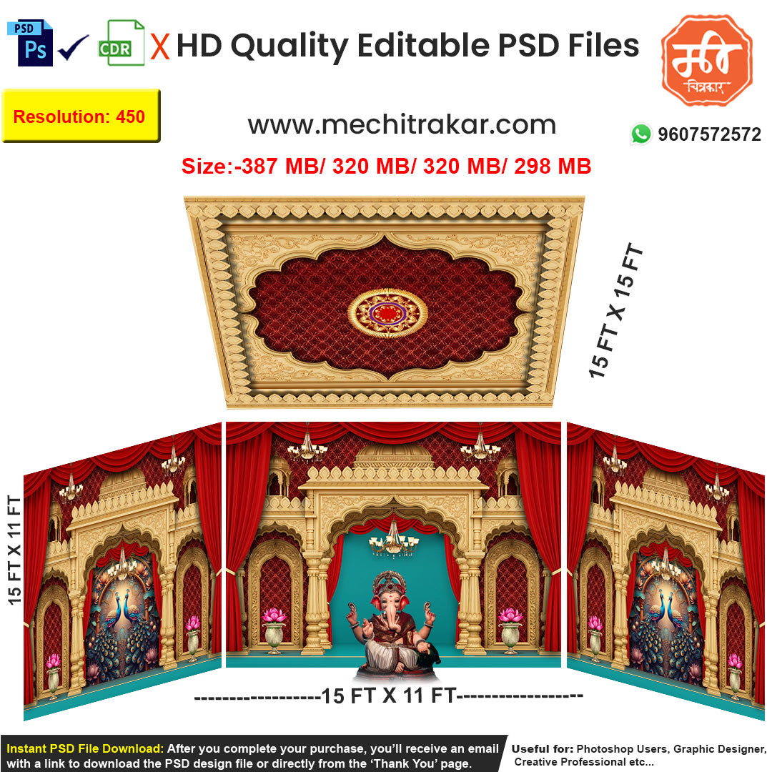 Download these professional editable psd templates to design a breathtaking festival stage. The classic temple architecture with rich red and gold details is perfect for any auspicious and grand occasion.
