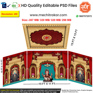 Download these professional editable psd templates to design a breathtaking festival stage. The classic temple architecture with rich red and gold details is perfect for any auspicious and grand occasion.