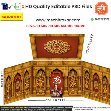 Editable 4-side divine darbar pandal backdrop as an editable psd template, in a rich red and gold theme, featuring carved Apsara figures and a central Om symbol.
