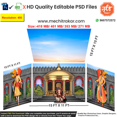 Editable 4-side 'Swarajya' pandal backdrop as an editable psd template, featuring Chhatrapati Shivaji Maharaj and Sambhaji Maharaj on a stone fort, with a central Ganesha, Navratri mandap.