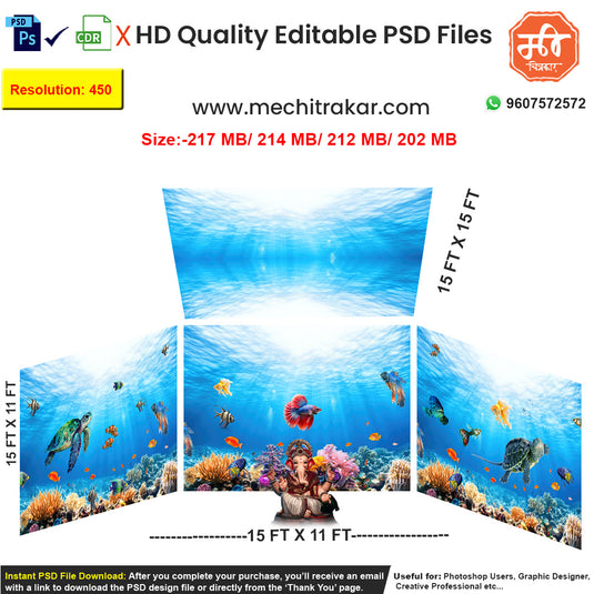 Editable 4-side underwater pandal backdrop as an editable psd template, depicting a vibrant ocean kingdom with coral reefs, tropical fish, sea turtles, and glowing jellyfish.