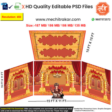 Editable 4-side royal pandal backdrop as an editable psd template, in a rich red, orange, and gold theme, featuring ornate pillars, a chandelier.