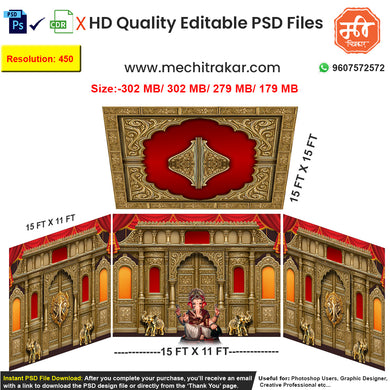 Create a divine golden darbar for your festival or wedding with this 4-side editable PSD template, featuring a majestic wada design with rich elephant art.