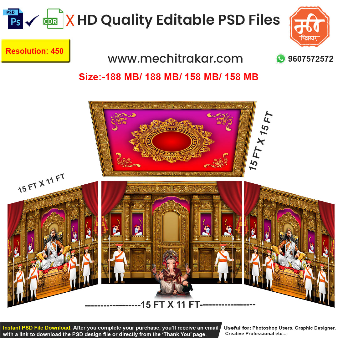 Editable 4-side 'Shivaji Maharaj on Throne' pandal backdrop as an editable psd template, depicting the Chhatrapati seated on his golden sinhasan in a royal darbar.